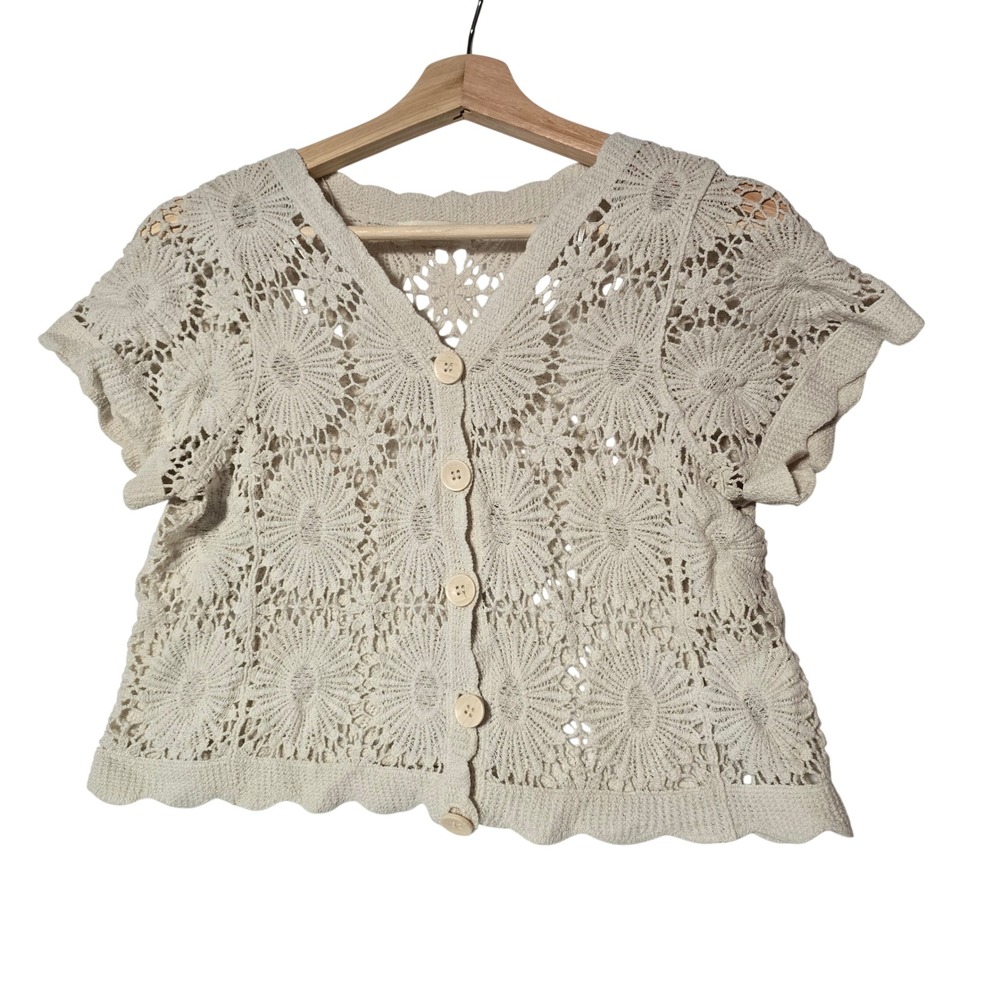 Rebellion‎ Beige Crochet Floral Short Sleeve Cardigan Sweater Boho Hippie